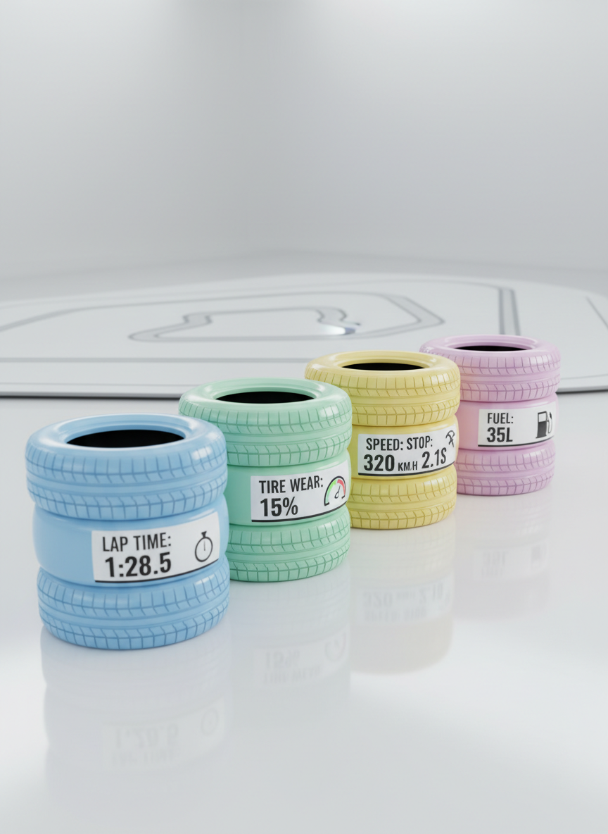 A playful lineup of shiny F1 tire stacks—each tire painted a different pastel color and adorned with bold, infographic-style labels showing key stats like lap times or tire wear icons. The tires are arranged in a gentle arc atop a spotless, reflective white floor, with a miniature, stylized race track circuit sketched in the background. Gentle overhead lighting produces crisp highlights and soft, rounded shadows, enhancing the clean, modern ambiance. Captured in shallow focus at a low, three-quarter angle, this composition blends whimsy with precision, embodying the data-driven fun of F1 Fast Stats.