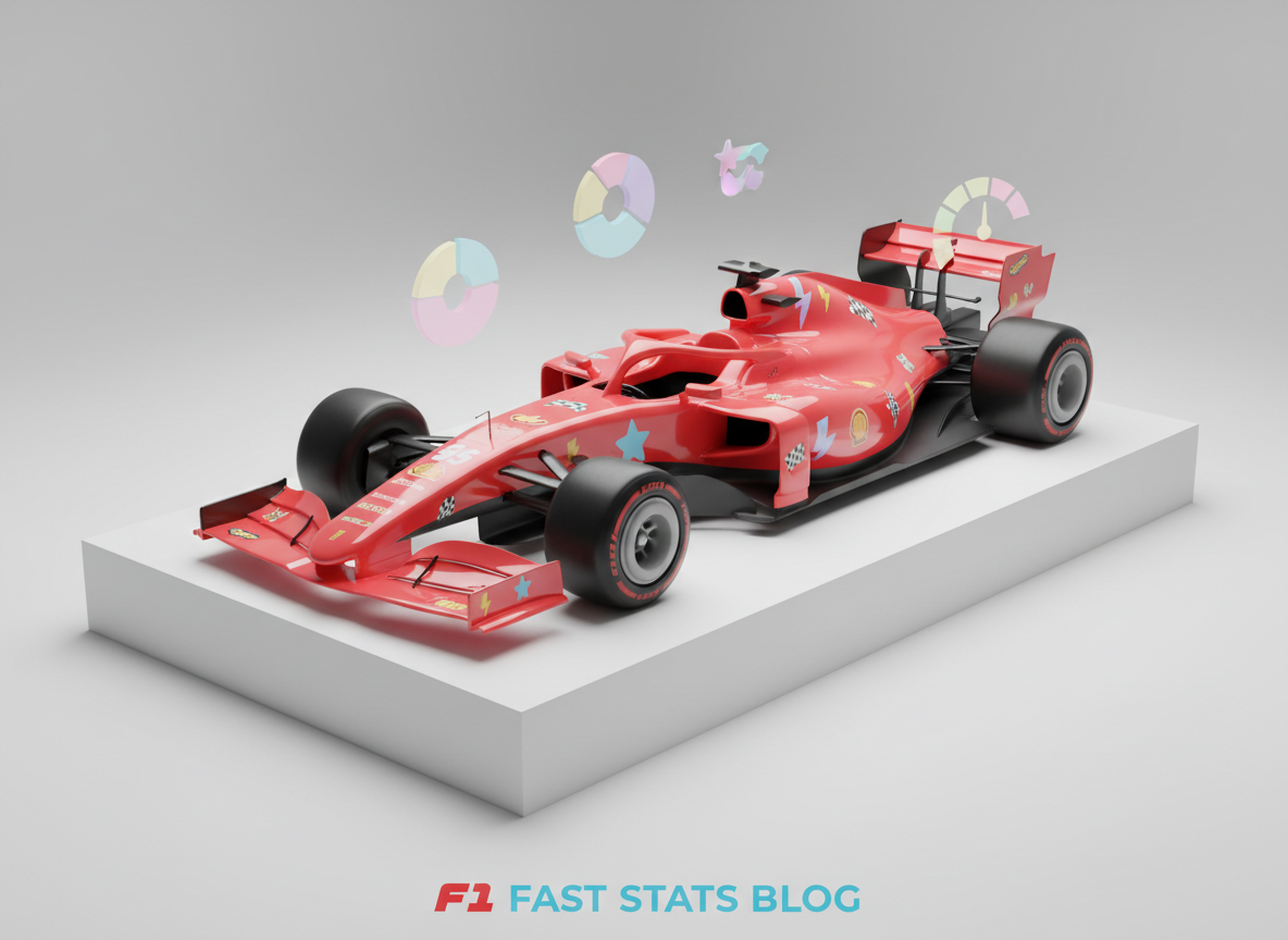 A glossy, modern Formula 1 car finished in vibrant red and accented with playful pastel decals, parked diagonally atop a stark white platform. The car’s aerodynamic curves and oversized, rounded tires are highlighted under soft, diffused studio lighting, creating bright reflections on its smooth surfaces while casting subtle, calm shadows beneath. Around the platform, minimal floating icons represent statistics—colorful pie charts and whimsical speedometers. Captured from a slightly elevated, wide-angle viewpoint, the composition feels energetic yet approachable, blending clean, playful aesthetics with photographic realism. Perfect for a homepage introducing the F1 Fast Stats blog.