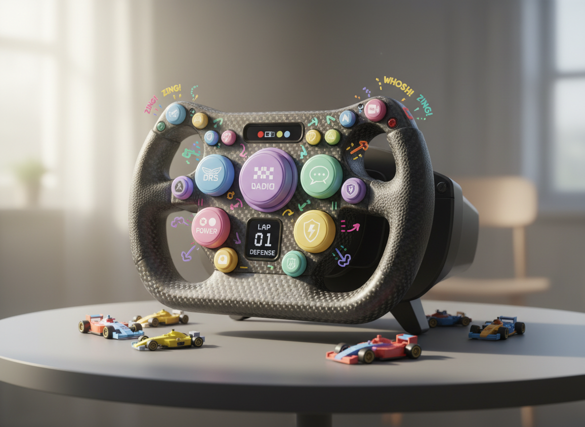 A close-up shot of a whimsical Formula 1 steering wheel, its buttons rendered in bright, candy-colored pastels with icon-style labels for controls like DRS and radio, each surrounded by tiny playful arrows and pop-art stat bubbles. The textured carbon fiber rim rests on a smooth gray table, accented with a few scattered LEGO-like F1 car blocks. Ambient soft daylight from the side creates gentle, natural shadows and luminous highlights on the wheel’s intricate surfaces. Framed in tight focus with a creamy bokeh background, this energetic shot offers a modern, fun take on F1 tech, perfect for technical or insights posts.