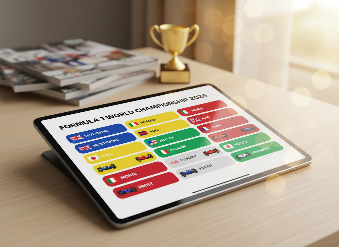 A cheerful, stylized race calendar displayed on a crisp tablet screen, the digital interface featuring brightly colored, rounded tiles for each Formula 1 event, with adorable flag icons and tiny miniaturized racecars marking race days. The tablet rests on a light birch desk, with a blurred backdrop of stacked racing magazines and a miniature F1 trophy. Illuminated by warm, natural window light that softly highlights the screen and adds playful bokeh to the background. Shot at eye-level for direct engagement, the composition is organized and tidy, radiating a modern, accessible, and whimsical mood suitable for blog event management.